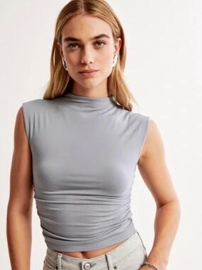 Abercrombie Paloma Mock Neck Ruched Tank Top Blue Gray